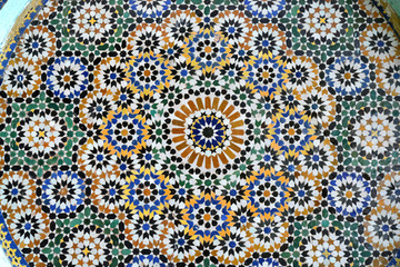 Background of colorful mosaic tiles in Arabic moorish style, beautiful patterns in morocco.
