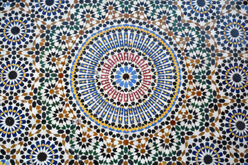 Background of colorful mosaic tiles in Arabic moorish style, beautiful patterns in morocco.   © trinetuzun