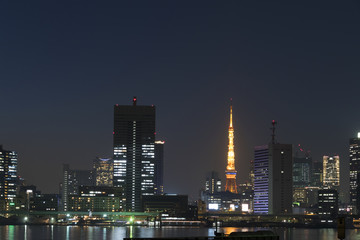 Naklejka premium 晴海埠頭から望む 東京タワーと摩天楼の町並み 夜景