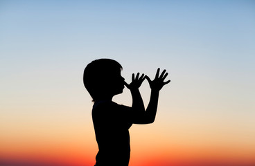 Fototapeta premium Silhouette of little boy showing funy fingers nearly face at sunset background