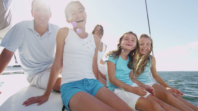 Healthy Caucasian Parents Daughters Outdoor Living Luxury Yacht 