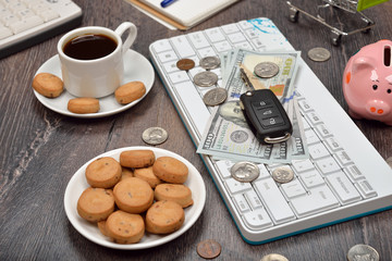 Keyboard, money and car key