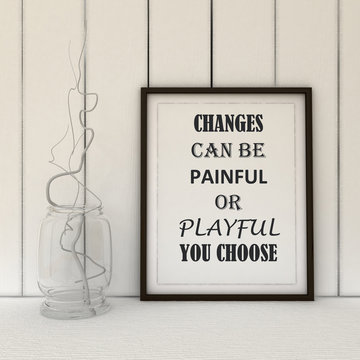 Motivation words Changes can be Painful or Playful, you Choose. Life, Changes, Choice, Positivity concept. Inspirational quote.Home decor wall art. Scandinavian style home interior decoration