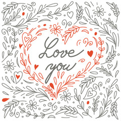 Love you heart. Happy Valentine's background with heart and ornamental leaves. Vector illustration. Can be used as Valentine's greeting card.