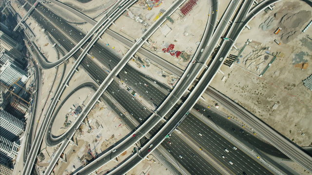 Aerial Dubai City Intersection Sheikh Zayed Road desert traffic UAE