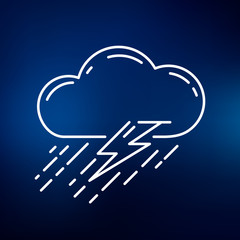 Cloud with rain and lightning thunderstorm icon. Cloud thunderstorm sign. Cloud storm symbol. Thin line icon on blue background. Vector illustration.