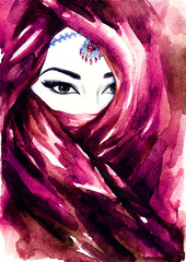 Schönes Frauengesicht, das ihr Gesicht hinter einem Schleier versteckt. aquarellillustration © Anna Ismagilova