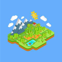 Natural Landscape with Mountains River and Forest. Vector Flat Isometric 3D Concept.