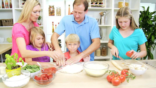 Blonde Caucasian Family Male Female Cooking Homemade Healthy Organic Pizza