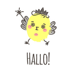 Vector card illustration of a cute chicken