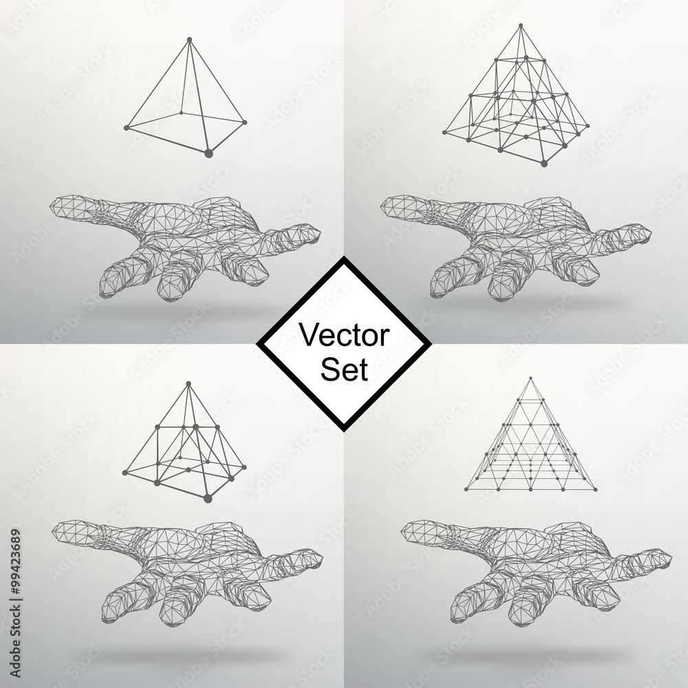 Poster set triangle pyramid on the arm. the hand holding a pyramid. polygon triangle. polygonal hand. the s
