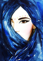 Naklejka premium Beautiful woman face hiding her face behind a veil. watercolor illustration