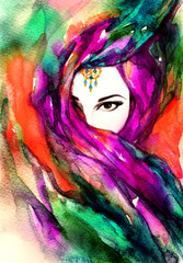 Beautiful woman face hiding her face behind a veil. watercolor illustration