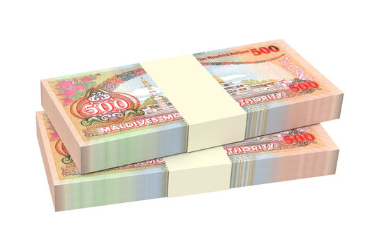 Maldivian rufiyaa bills isolated on white background. Computer generated 3D photo rendering.