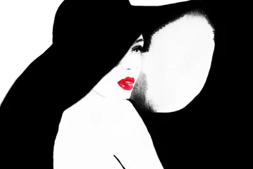 Photo sur Plexiglas Visage aquarelle Beau visage. portrait de femme avec chapeau. peinture à l& 39 aquarelle. fond de mode
