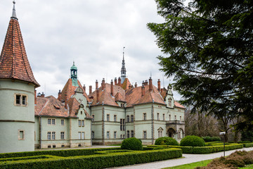 Fototapeta na wymiar Hunting castle of Count Schonborn in Carpaty. In the past - Beregvar Village, Zakarpattja Region, Ukraine. Built in 1890.
