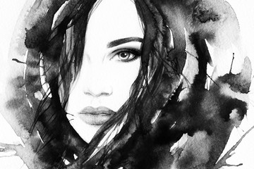 Beautiful woman face. Abstract fashion watercolor illustration - obrazy, fototapety, plakaty