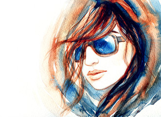 Woman with glasses.watercolor fashion illustration