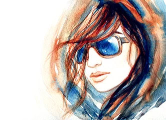 Afwasbaar Fotobehang Aquarel portret Woman with glasses.watercolor fashion illustration