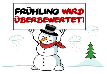 Schneemann im Winter protestiert gegen Frühling