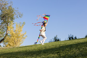Fototapeta na wymiar Cheerful little girl flying a kite in a park