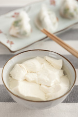 Chinese food tofu jelly and shrimp dumplings