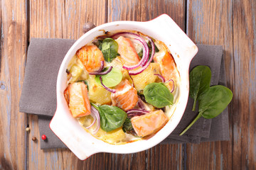 salmon,potato,spinach and cream