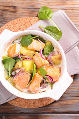 salmon,potato,spinach and cream