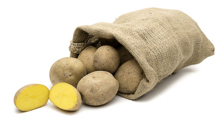 Sliced, unpeeled raw potato in front of burlap bag 