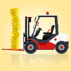 Red fork lift loader. Loading of golden coins. Professional illustration for internet banner poster or icon. Flatten master vector Truck Digger Crane Small Bagger Mix Roller Extravator