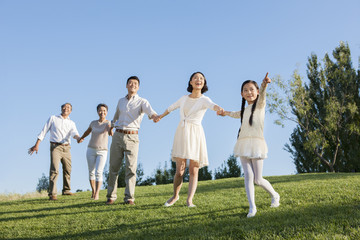 Happy family holding hands looking at view in a park