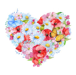 beautiful flowers in the shape of a heart card for Valentine's Day ,Watercolor illustration
