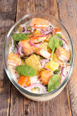 salmon fish with potato, spinach and cream