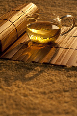 Close-up of Chrysanthemum Tea and bamboo slip