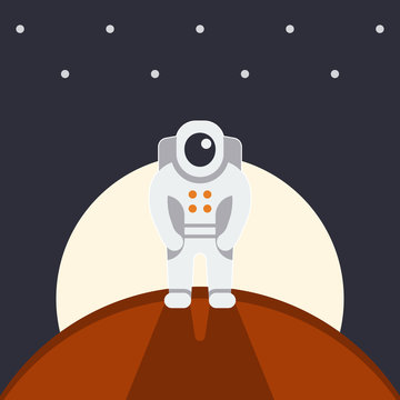 astronaut on another planet, Mars expedition, space tourism, vector illustration