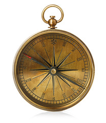 Old vintage brass compass isolated on a white background.