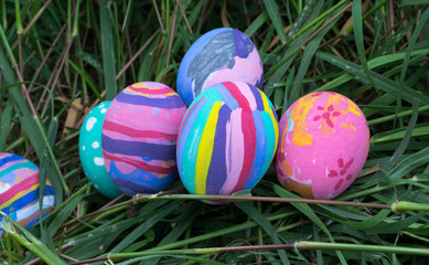 Easter eggs in Green Grass. Selective focus.
