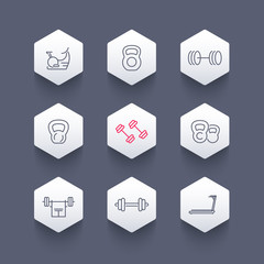 Gym equipment line icons on hexagon shapes, workout, training icon, vector illustration