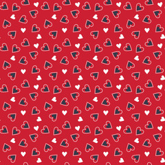 A Valentine seamless heart and polka dots pattern in red, white and Prussian blue colors with red background for Valentine's day celebrate.