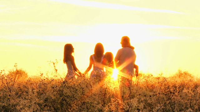 Caucasian Parents Three Young Daughters Girls Playing Together Outdoors Sunrise
