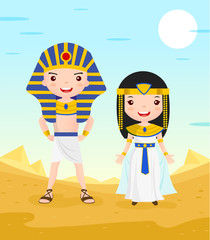 egypt costume cartoon character couple in the desert - vector illustration