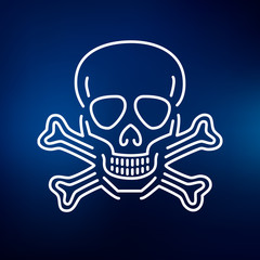 Beware danger skull icon. Warning skull sign. Skeleton symbol. Thin line icon on blue background. Vector illustration.