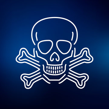 Beware danger skull icon. Warning skull sign. Skeleton symbol. Thin line icon on blue background. Vector illustration.