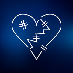 Broken heart icon. Heartbroken sign. Heart break symbol. Thin line icon on blue background. Vector illustration.