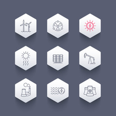Power, energy production, energetics, nuclear energy line hexagon icons, vector illustration