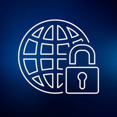 Secure internet icon. Globe with padlock sign. Secure globe symbol. Thin line icon on blue background. Vector illustration.