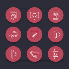 settings, tools, development line round red icons, vector illustration