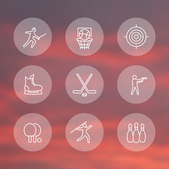 sports, games, team sport line icons, hockey, ping pong, basketball, fencing round transparent icons