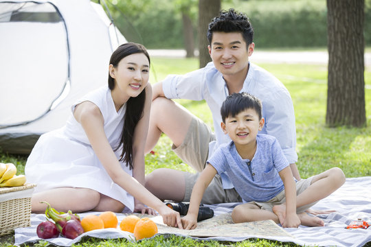 Happy young family having picnic on grass