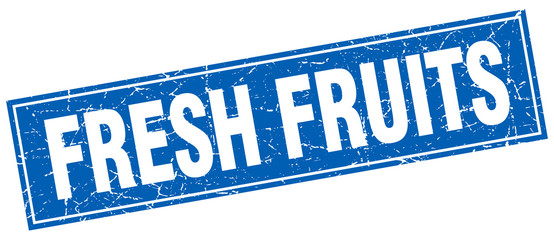 fresh fruits blue square grunge stamp on white